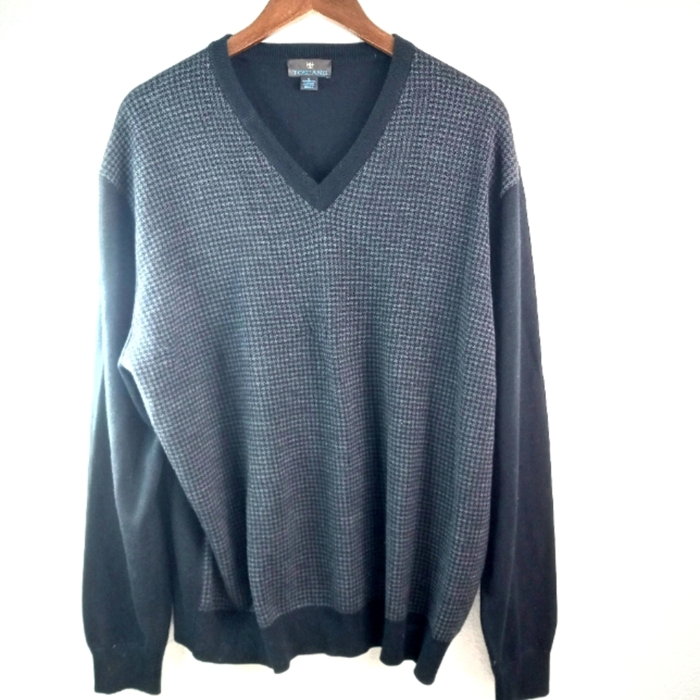 Toscano XL Mens Merino Wool Blend V-Neck Houndstooth Pattern Pulover Sweater